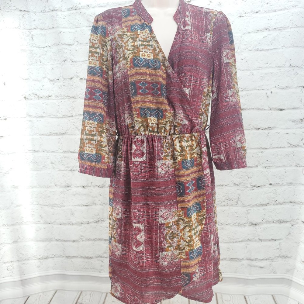 Forever 21 Womens Multicolor 3/4 Sleeve Surplice Neck Faux Wrap Dress Sz Medium